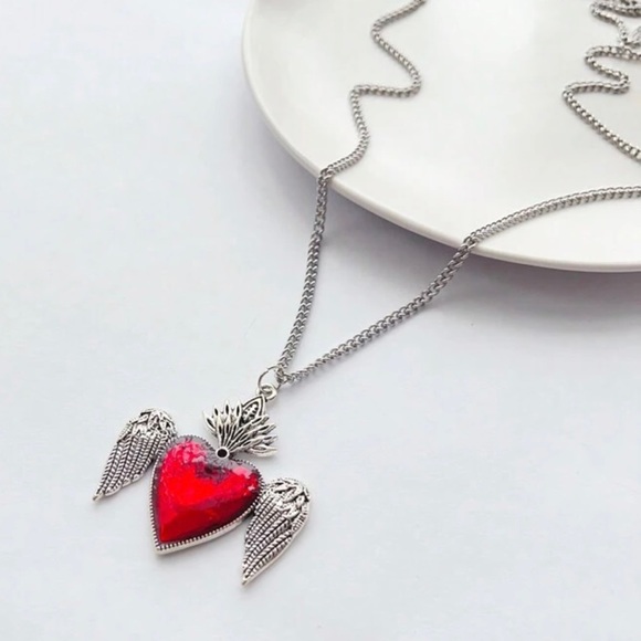Winged Sacred Heart Ruby Red Fiery Jesus Immaculate Mary Catholic Steel Necklace - Picture 2 of 11